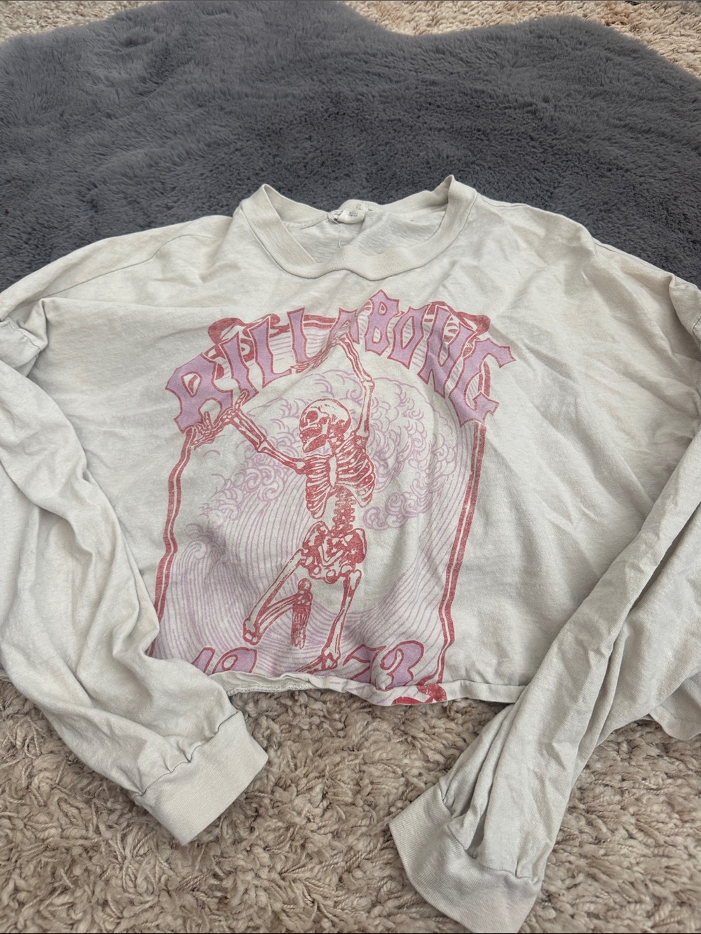 Billabong White Long Sleeve Tee with Pink Graphic Skeleton